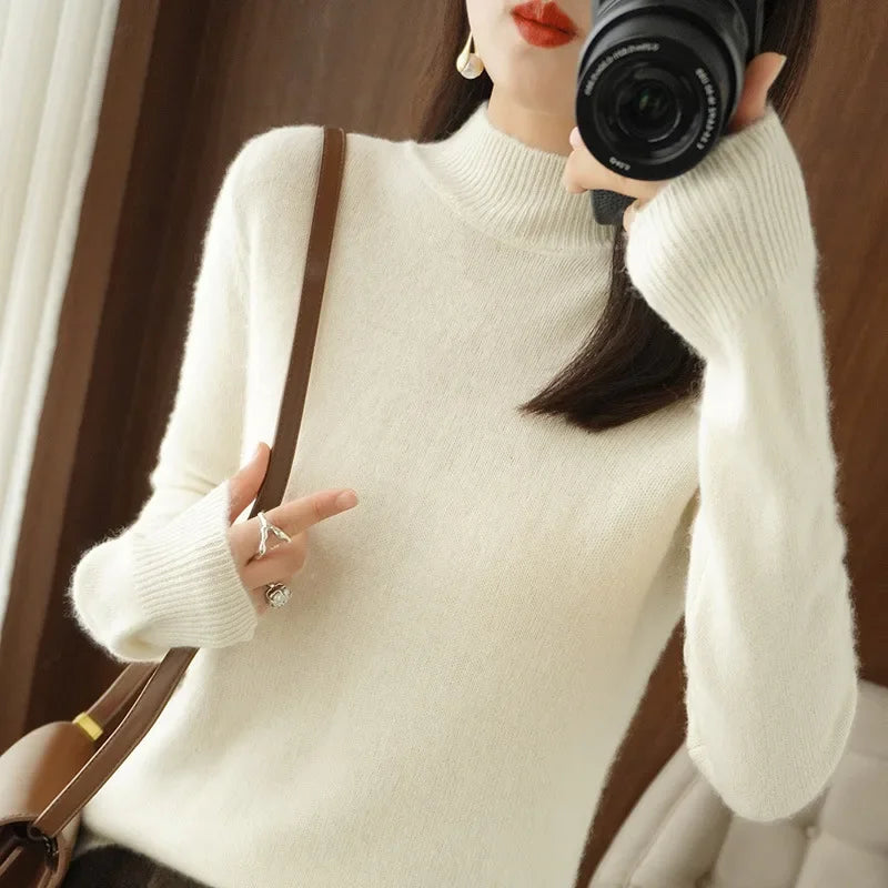 Winter Women Sweater, Korean Fashion Warm Half High Collar Knitwear Solid Long Sleeve