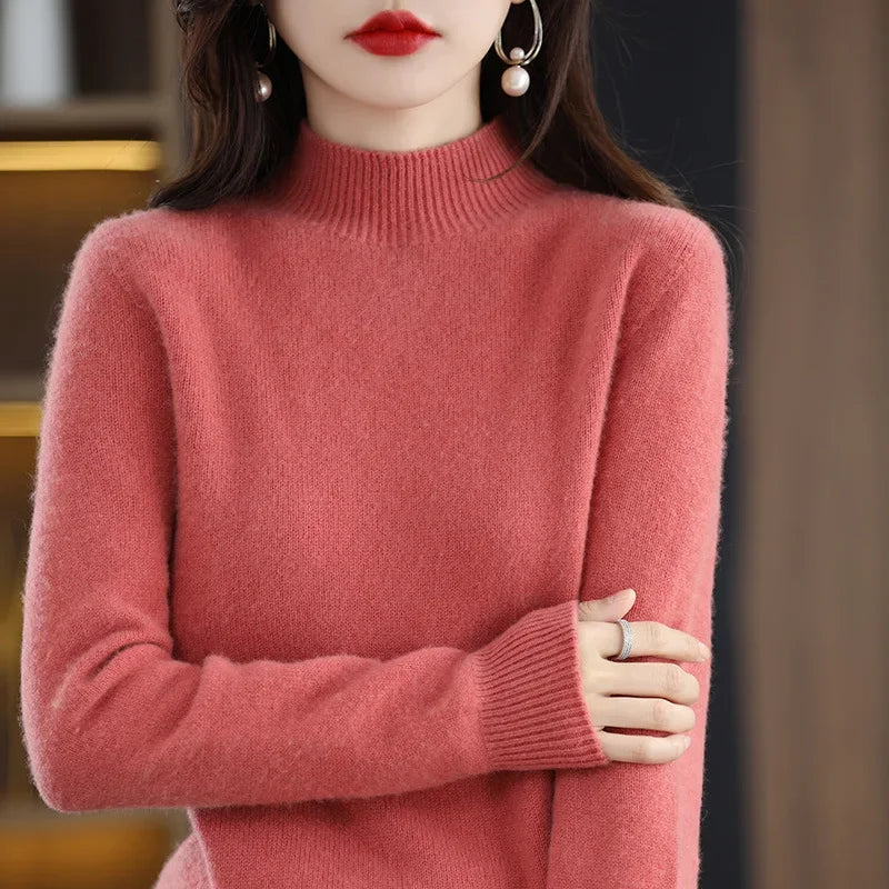 Winter Women Sweater, Korean Fashion Warm Half High Collar Knitwear Solid Long Sleeve