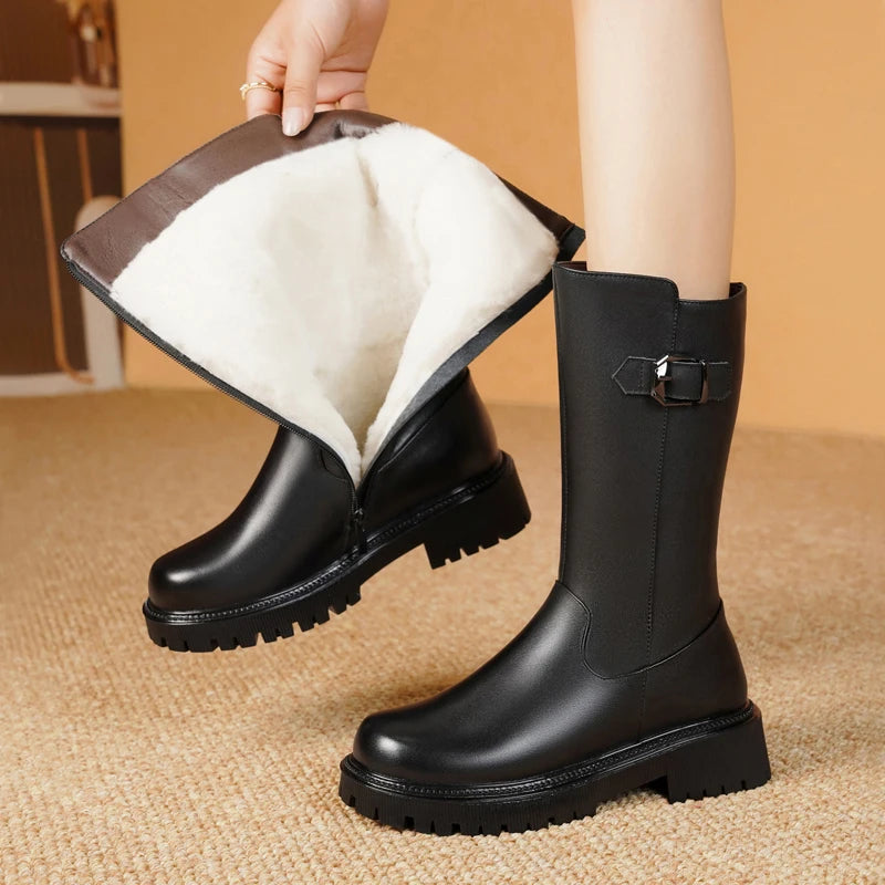 Ladies Genuine Leather Winter boots, Natural Wool Platform Women's Middle Boots