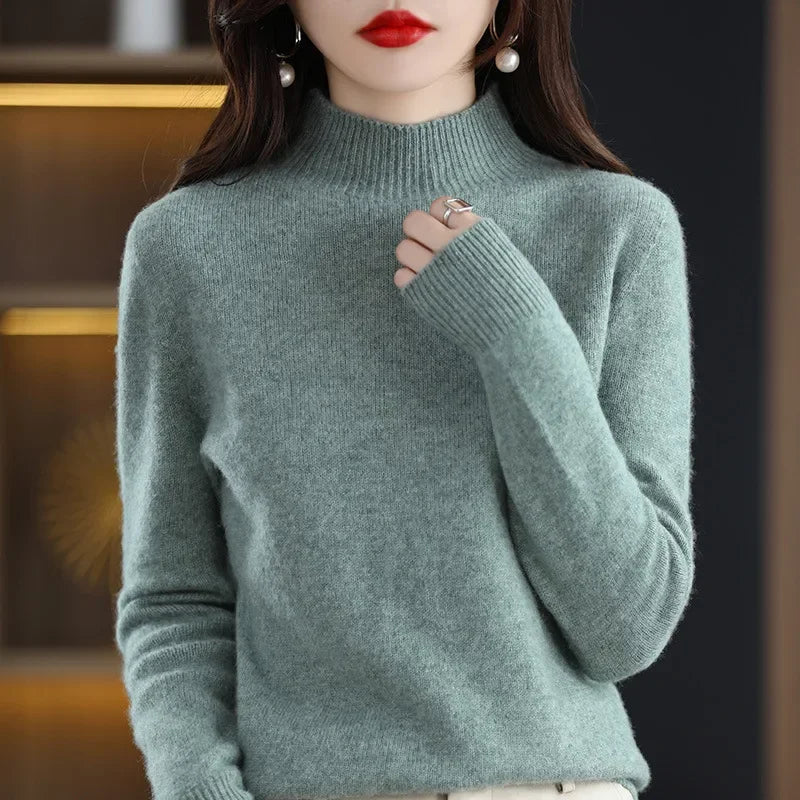 Winter Women Sweater, Korean Fashion Warm Half High Collar Knitwear Solid Long Sleeve