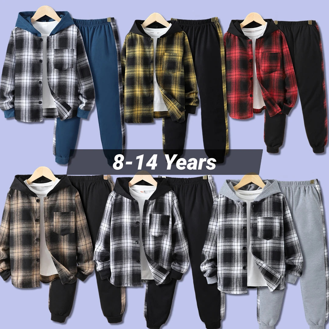 Kids Autumn Casual Checker Hoodie Set, Shirt Suit Soft Ventilate Children's Clothing Set