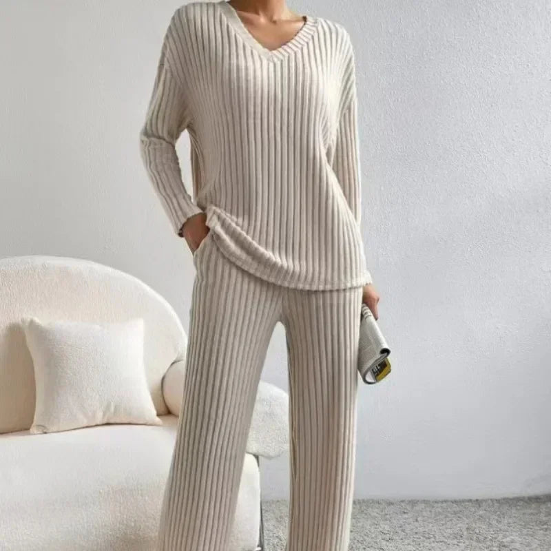 Women's Two-Piece Loungewear Pajamas, Straight Pants Pullover Sleepwear V Neck Knitted