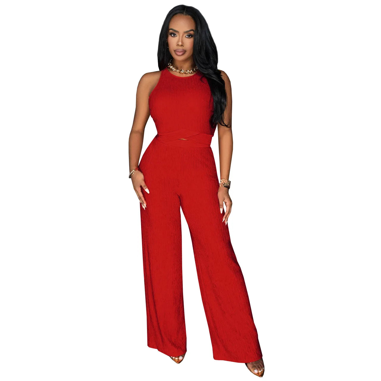 Women's Fashion Cropped Tie-Up Bell Bottoms Sexy 2-Piece Set European and American Style