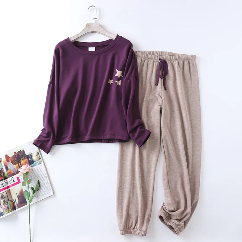 Plus size winter warm Women's pajamas set, long sleeve sweet stars