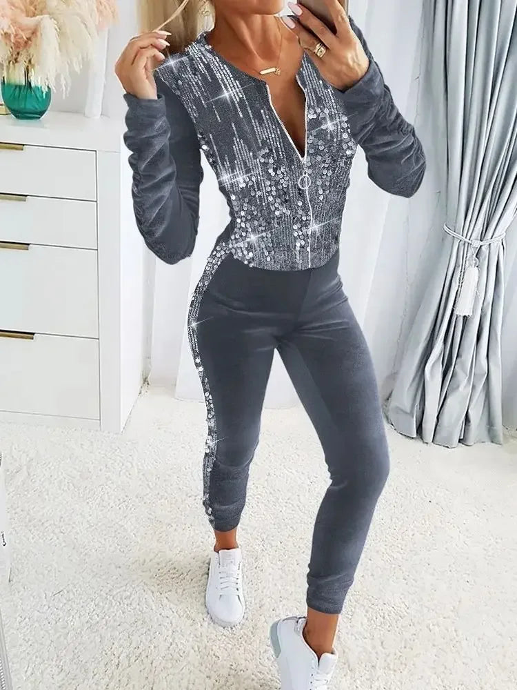 Velvet Sets for Women, 2 Pieces Casual Contrast Sequin Zipper Design Coat & Pants Set