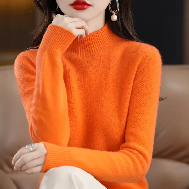 Winter Women Sweater, Korean Fashion Warm Half High Collar Knitwear Solid Long Sleeve